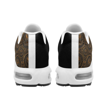 Rear view of the Unisex Eco-Flex sneakers showing the white chunky heel, air cushions, and asymmetric black and bronze pattern.