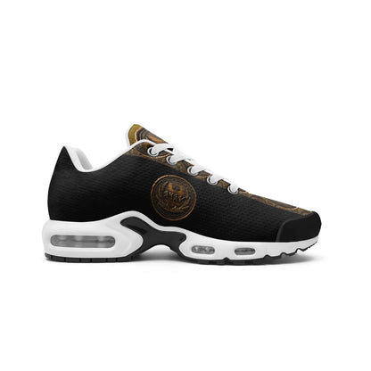 Side profile of the sneaker highlighting the solid black mesh upper panel, white sole with visible air units, and central bronze emblem.