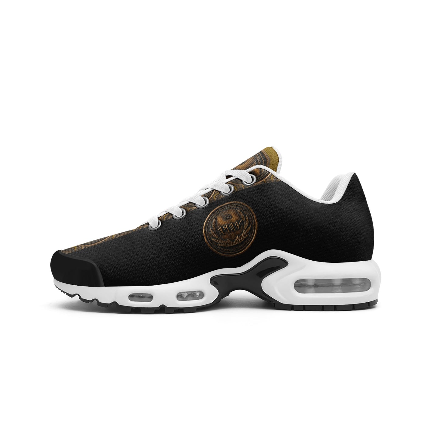 Medial side view of the sneaker showing the black breathable mesh fabric, white laces, and thick white supportive midsole.
