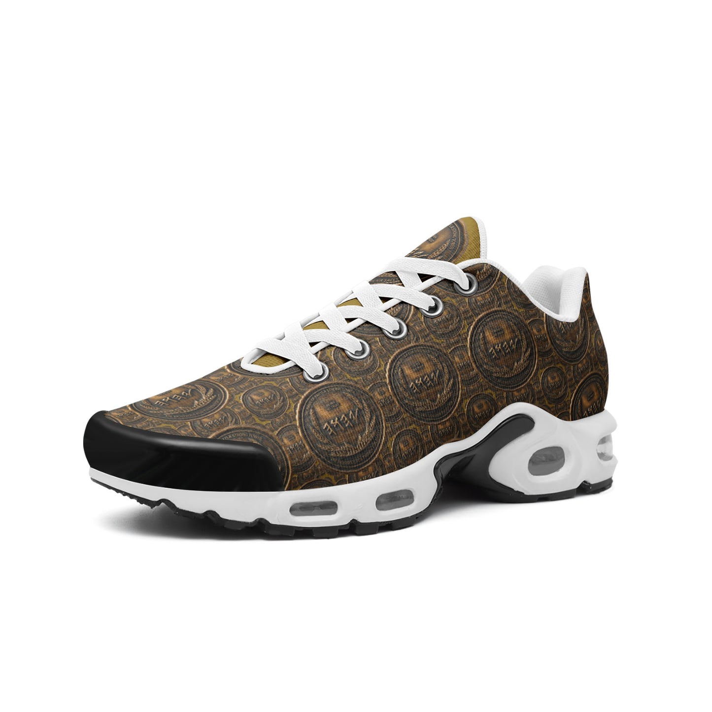 Angled side view of the shoe showcasing the full antiqued bronze coin print, black toe cap, and white wavy midsole accents.