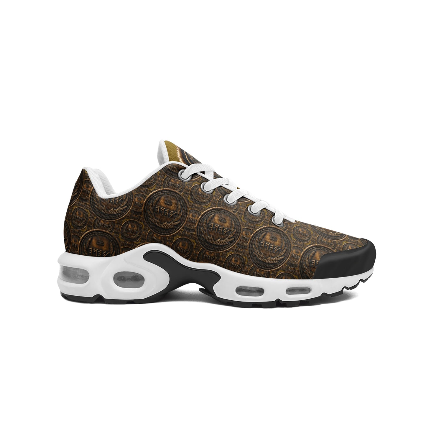 Side profile view completely covered in the bronze aesthetic coin pattern, featuring a white sock liner and clear heel air pods.