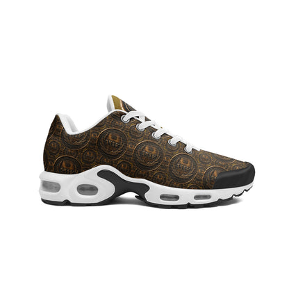 Side profile view completely covered in the bronze aesthetic coin pattern, featuring a white sock liner and clear heel air pods.