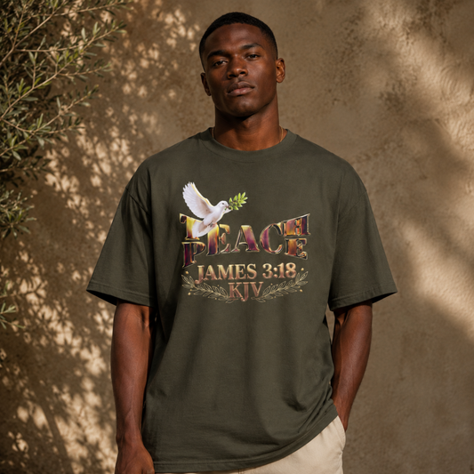 A man modeling the dark olive green Teach Peace oversized graphic t-shirt with a Bible verse graphic.