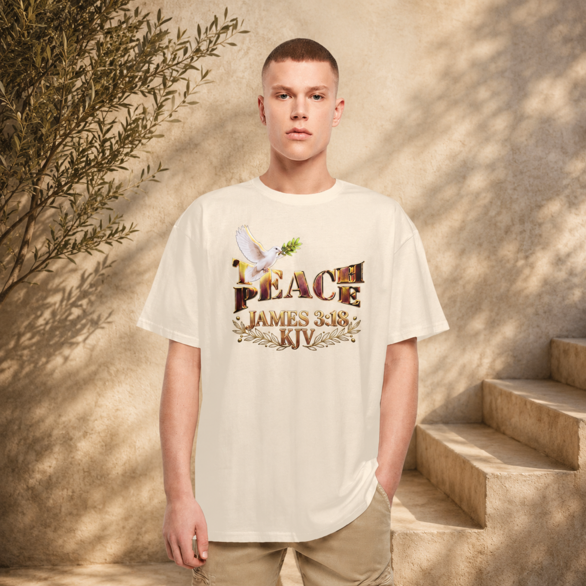 A man wearing the sand-colored Teach Peace unisex heavyweight oversized t-shirt next to outdoor stone stairs.