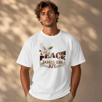 A man wearing the white Teach Peace James 3:18 oversized heavyweight t-shirt featuring a dove graphic.
