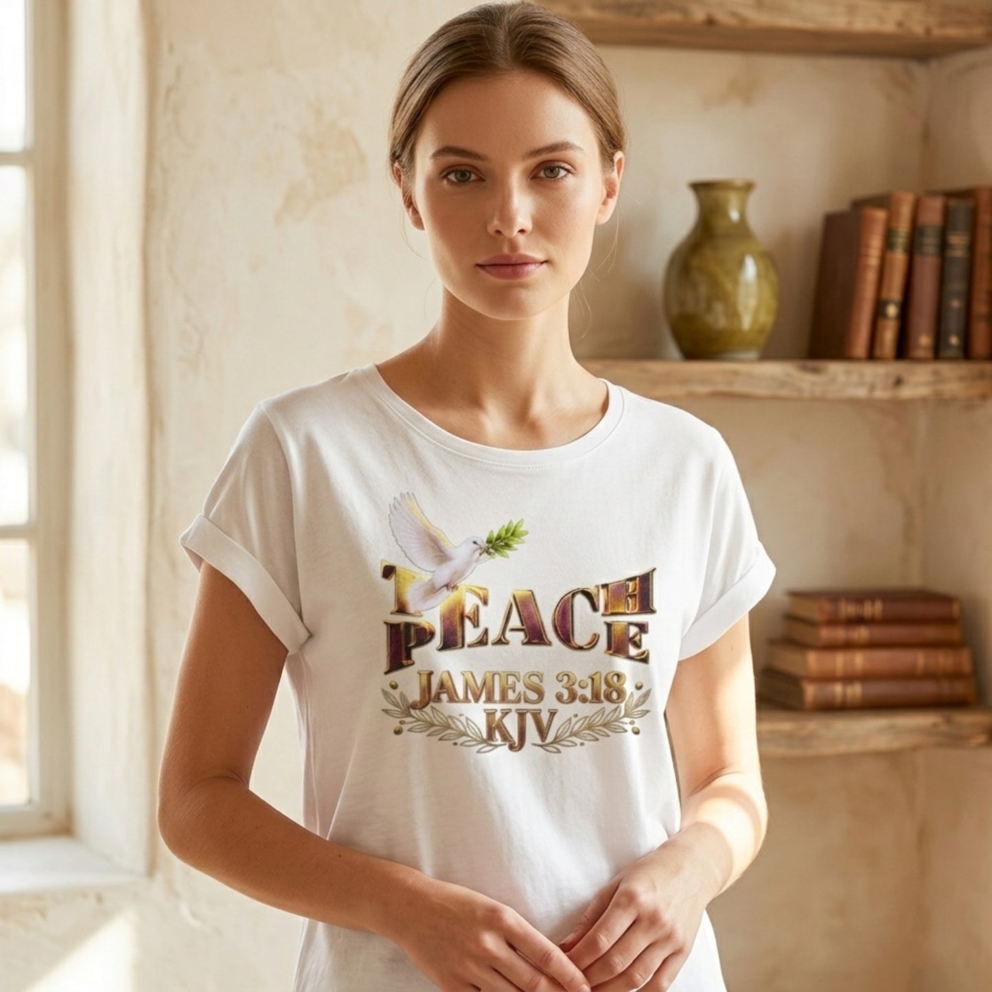 A woman posing in the white Teach Peace slub cotton long t-shirt with a detailed dove illustration and biblical text.