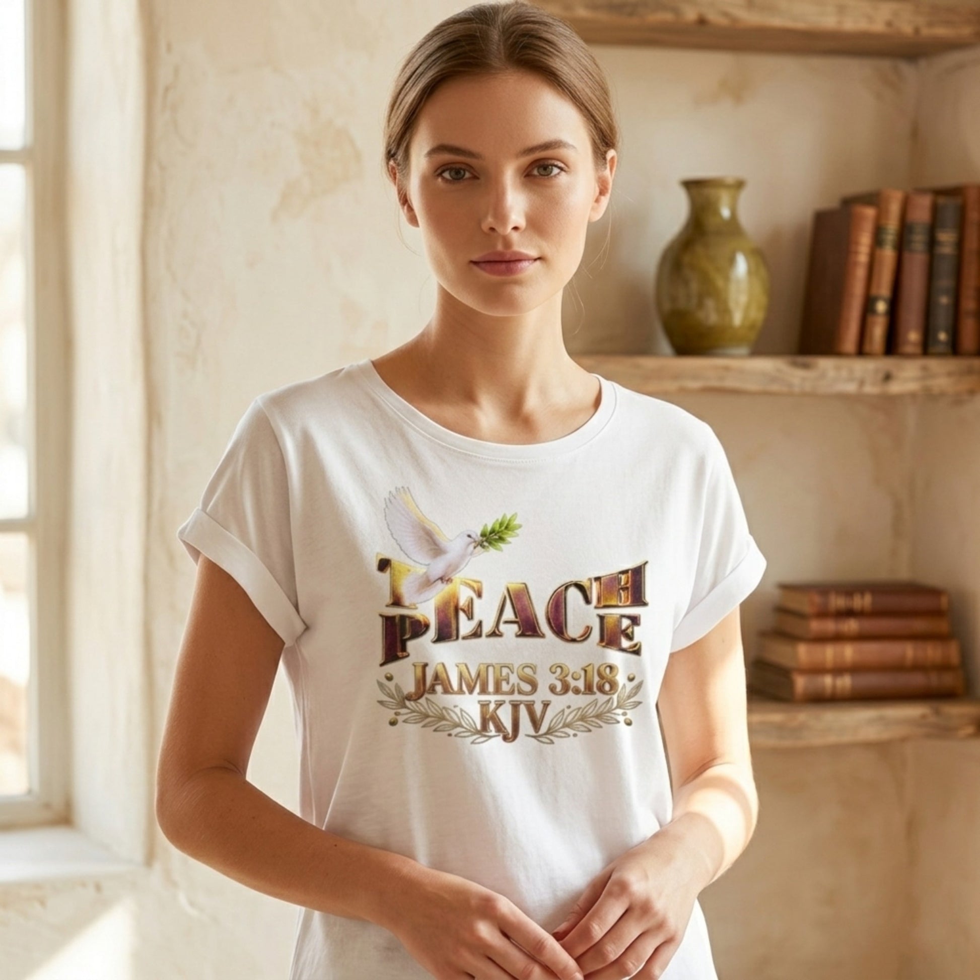 A woman posing in the white Teach Peace slub cotton long t-shirt with a detailed dove illustration and biblical text.