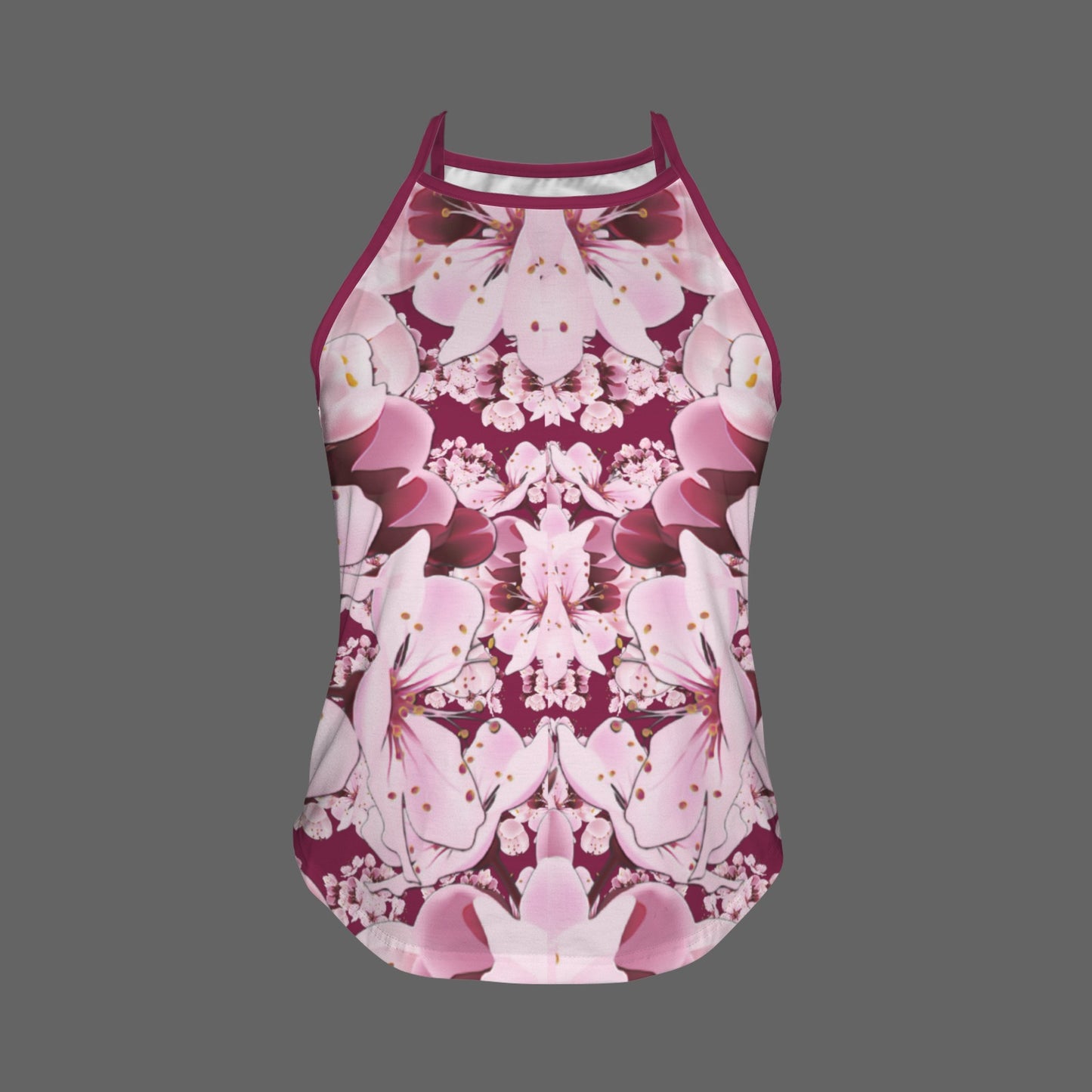 Studio product shot of the high-neck halter tank top featuring a symmetrical pink and burgundy cherry blossom pattern on a gray background.