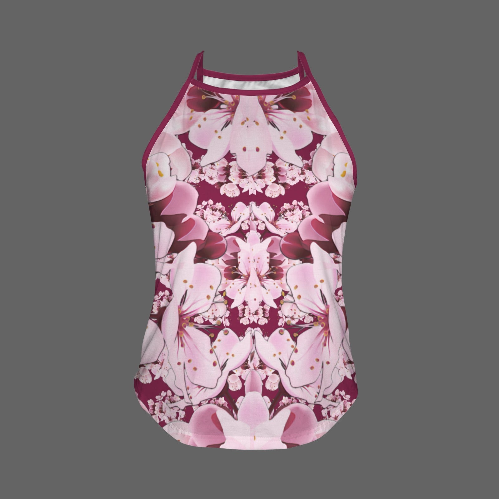 Studio product shot of the high-neck halter tank top featuring a symmetrical pink and burgundy cherry blossom pattern on a gray background.