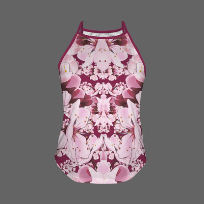 Studio product shot of the high-neck halter tank top featuring a symmetrical pink and burgundy cherry blossom pattern on a gray background.