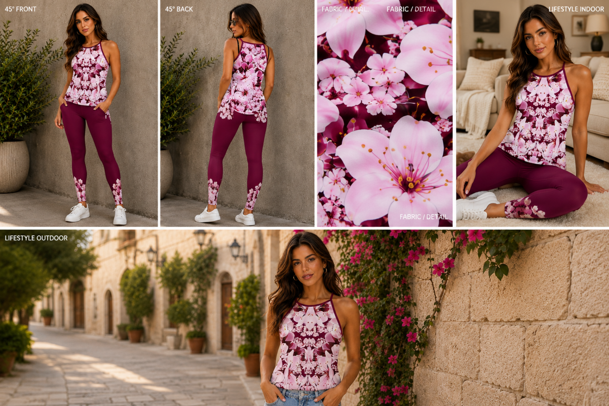Product collage showing front, back, indoor, and outdoor views of a woman wearing the Sakura Symphony halter top, plus a fabric detail shot.