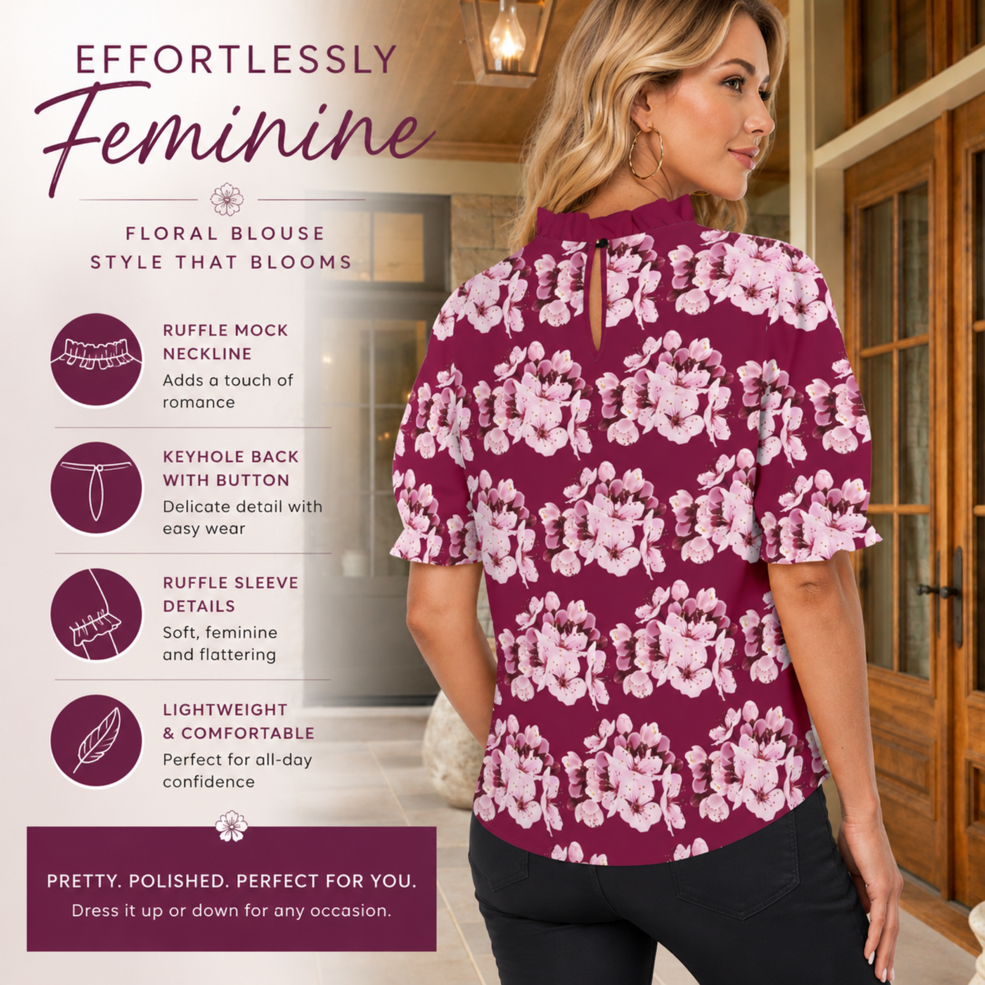 Infographic of the Sakura Symphony floral blouse highlighting features like the ruffle mock neckline, keyhole back, and lightweight fabric.