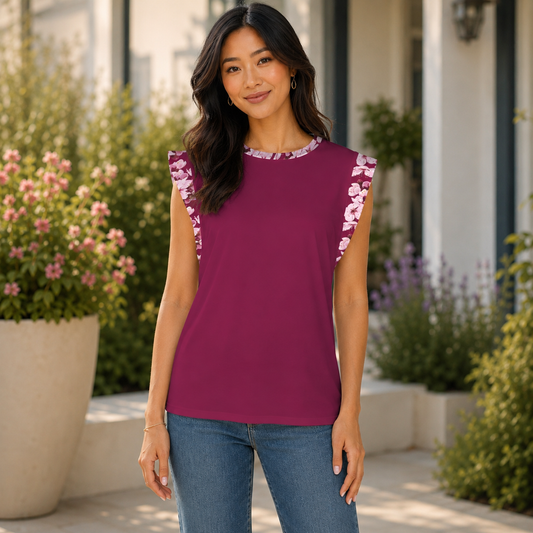 Front view of a woman wearing a maroon cap-sleeve t-shirt featuring pink Sakura floral patterns along the neckline and shoulder trim.