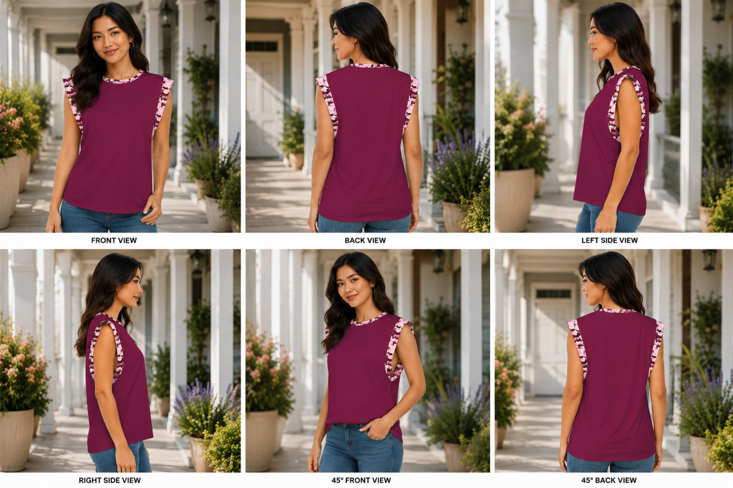 Six-panel lookbook grid displaying front, back, side, and 45-degree angles of the maroon and floral Sakura Symphony cap-sleeve tee.