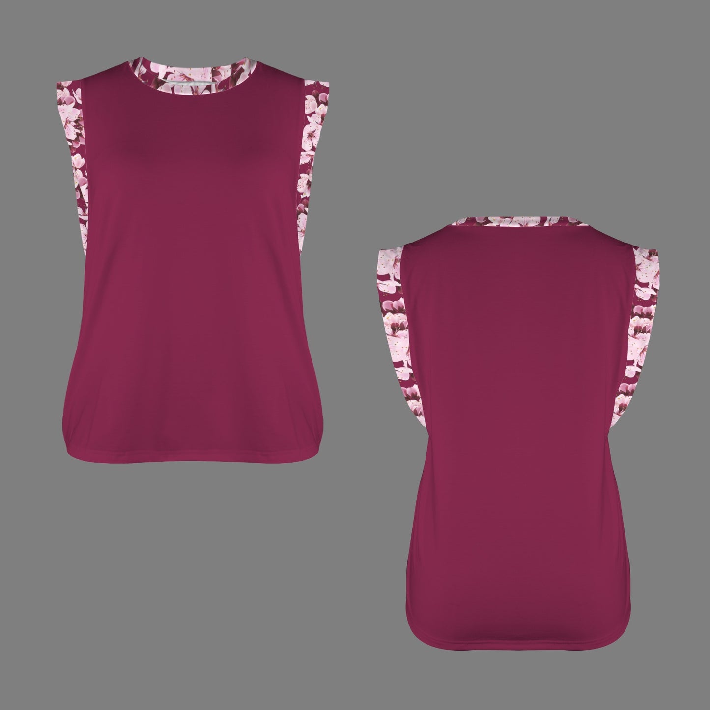 Front and back flat lay render of a maroon cap-sleeve t-shirt with a pink cherry blossom print on the sleeves and round neckline.