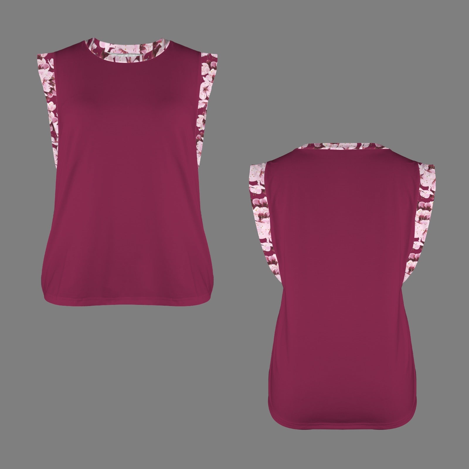 Front and back flat lay render of a maroon cap-sleeve t-shirt with a pink cherry blossom print on the sleeves and round neckline.