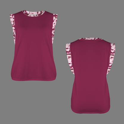 Front and back flat lay render of a maroon cap-sleeve t-shirt with a pink cherry blossom print on the sleeves and round neckline.