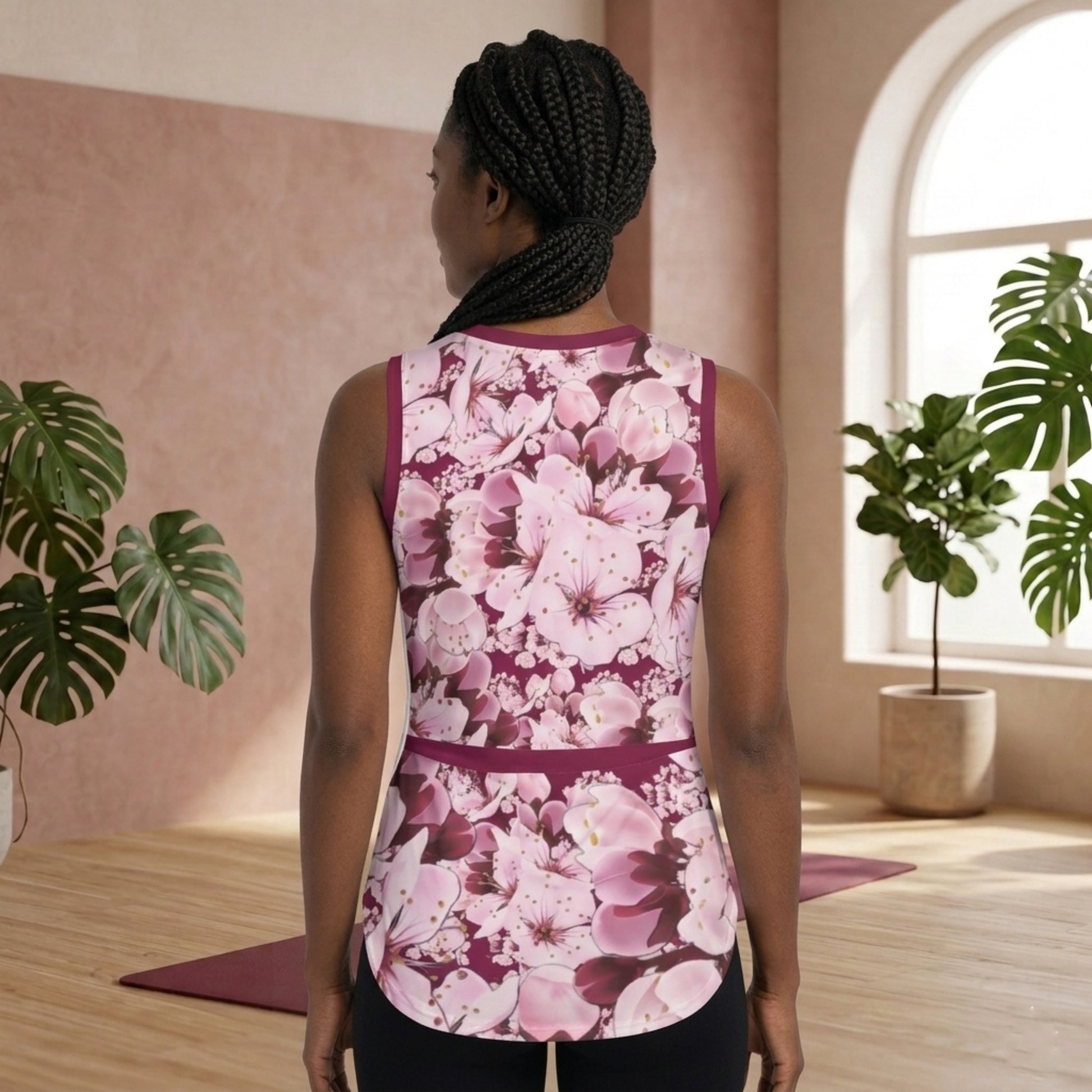 Back view of a woman wearing the Sakura Symphony drop-tail tank top, highlighting the curved hem, maroon trim, and cherry blossom floral pattern.