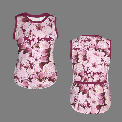 Front and back flat-lay product render of the Sakura Symphony drop-tail tank top with maroon trim and an all-over pink cherry blossom print.