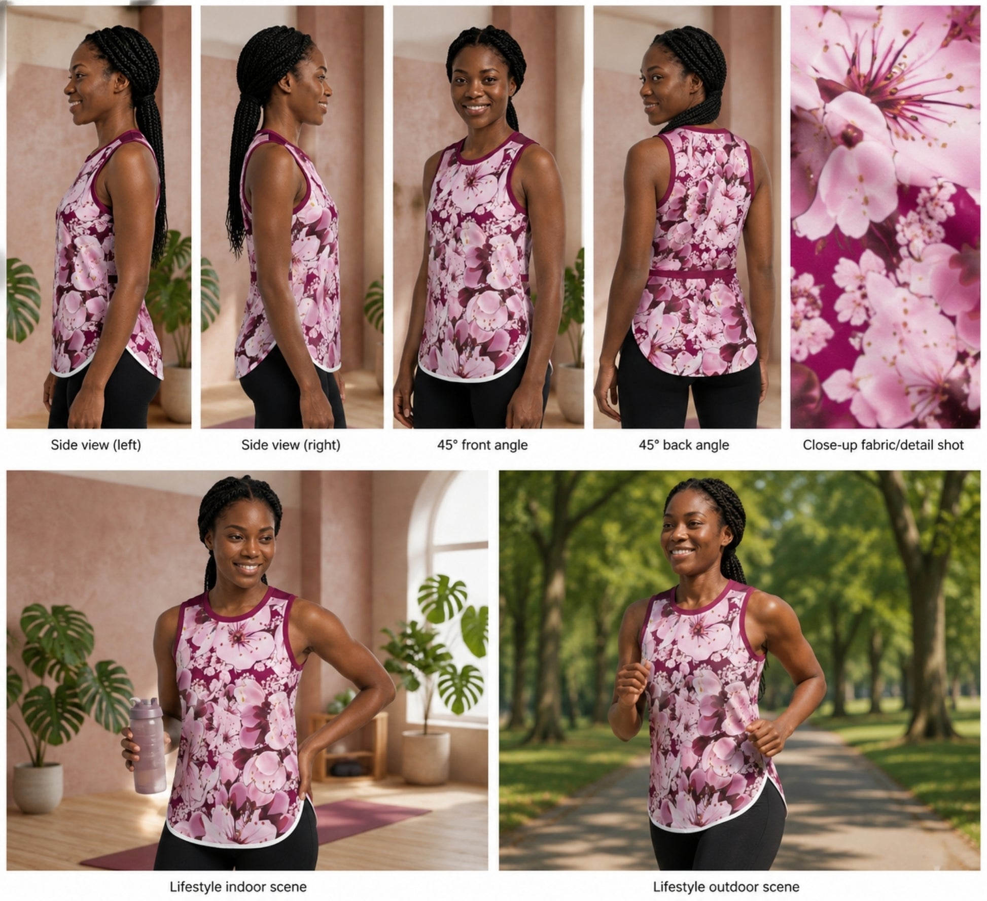 Lookbook collage of the Sakura Symphony tank top showing side, 45-degree, fabric detail, indoor lifestyle, and outdoor running views.