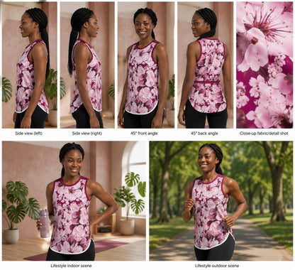 Lookbook collage of the Sakura Symphony tank top showing side, 45-degree, fabric detail, indoor lifestyle, and outdoor running views.