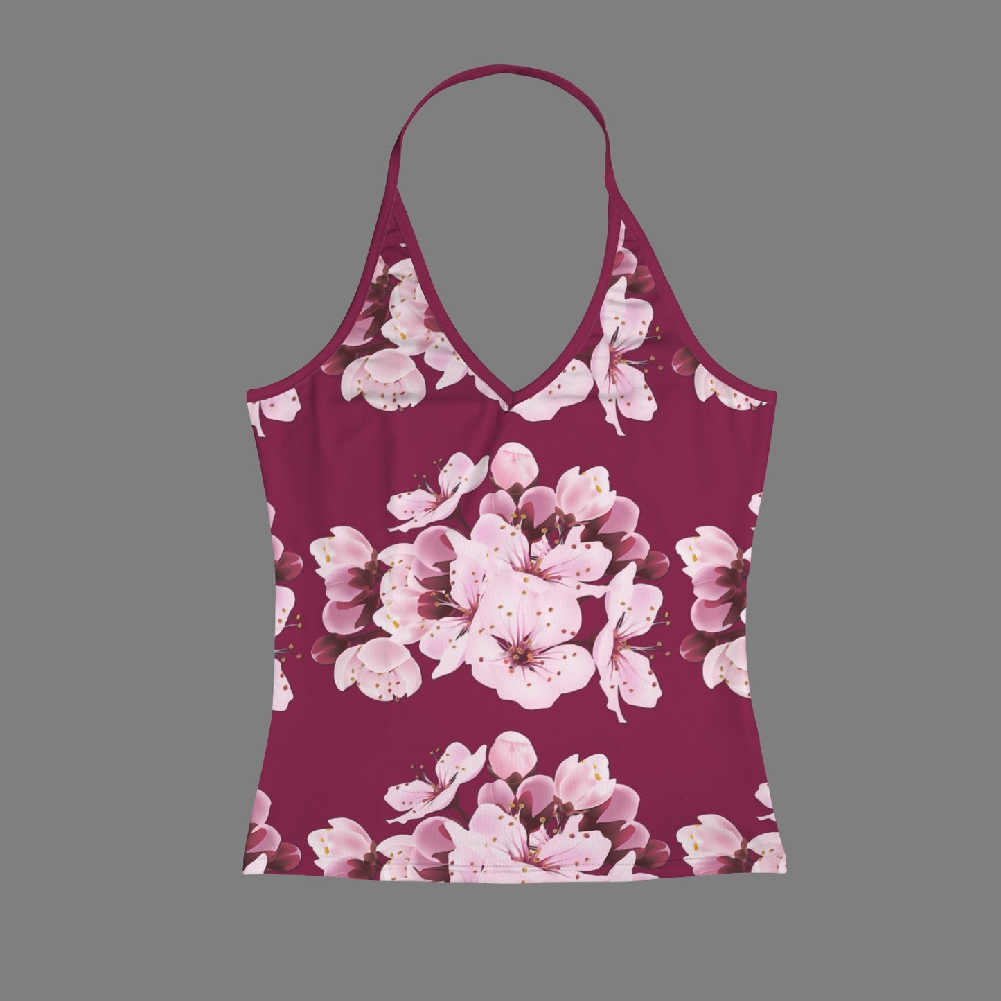 Front flat lay render of the Sakura Symphony halter v-neck cami top featuring a plunging neckline and symmetrical cherry blossom graphic.