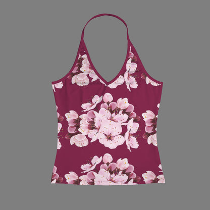 Front flat lay render of the Sakura Symphony halter v-neck cami top featuring a plunging neckline and symmetrical cherry blossom graphic.