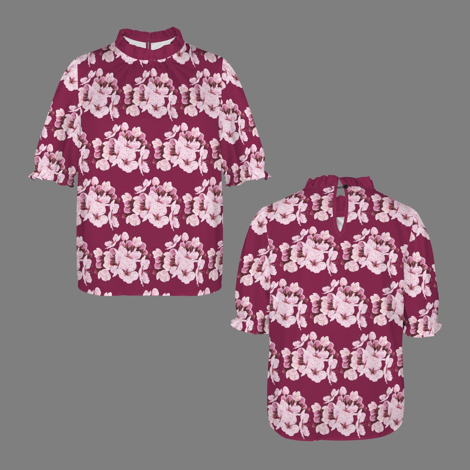 Flat lay digital mockup showing both the front and back layout of the burgundy and pink Sakura Symphony floral ruffle-cuff blouse.