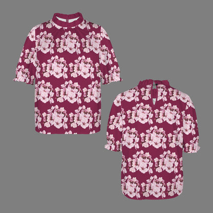 Flat lay digital mockup showing both the front and back layout of the burgundy and pink Sakura Symphony floral ruffle-cuff blouse.