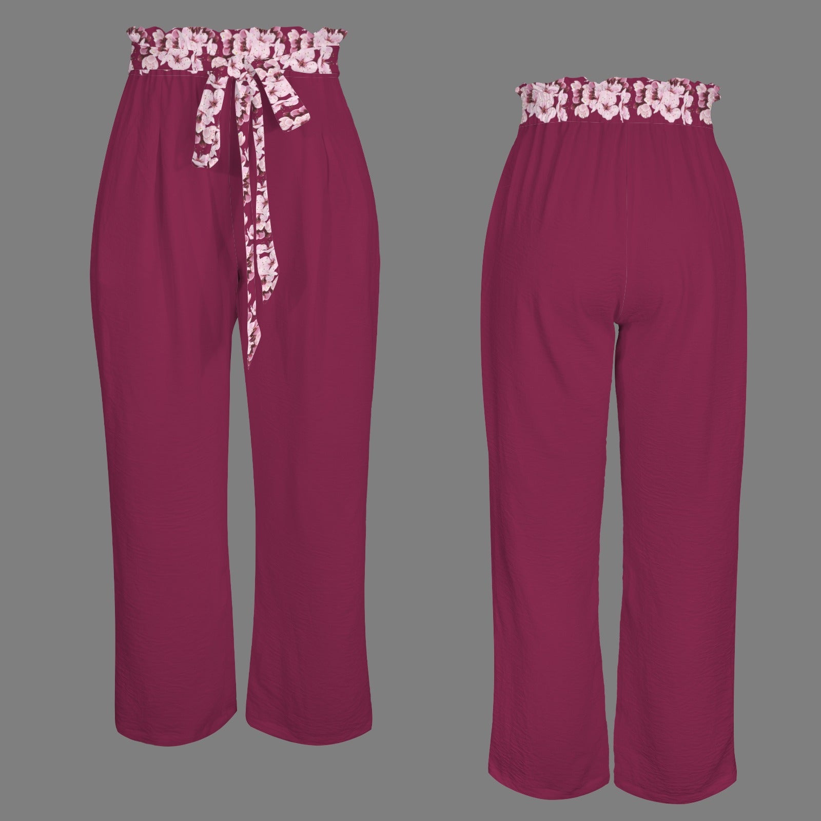 Product studio shot showing the front and back view of the Sakura Symphony maroon wide-leg pants with a floral paperbag waist and tie.