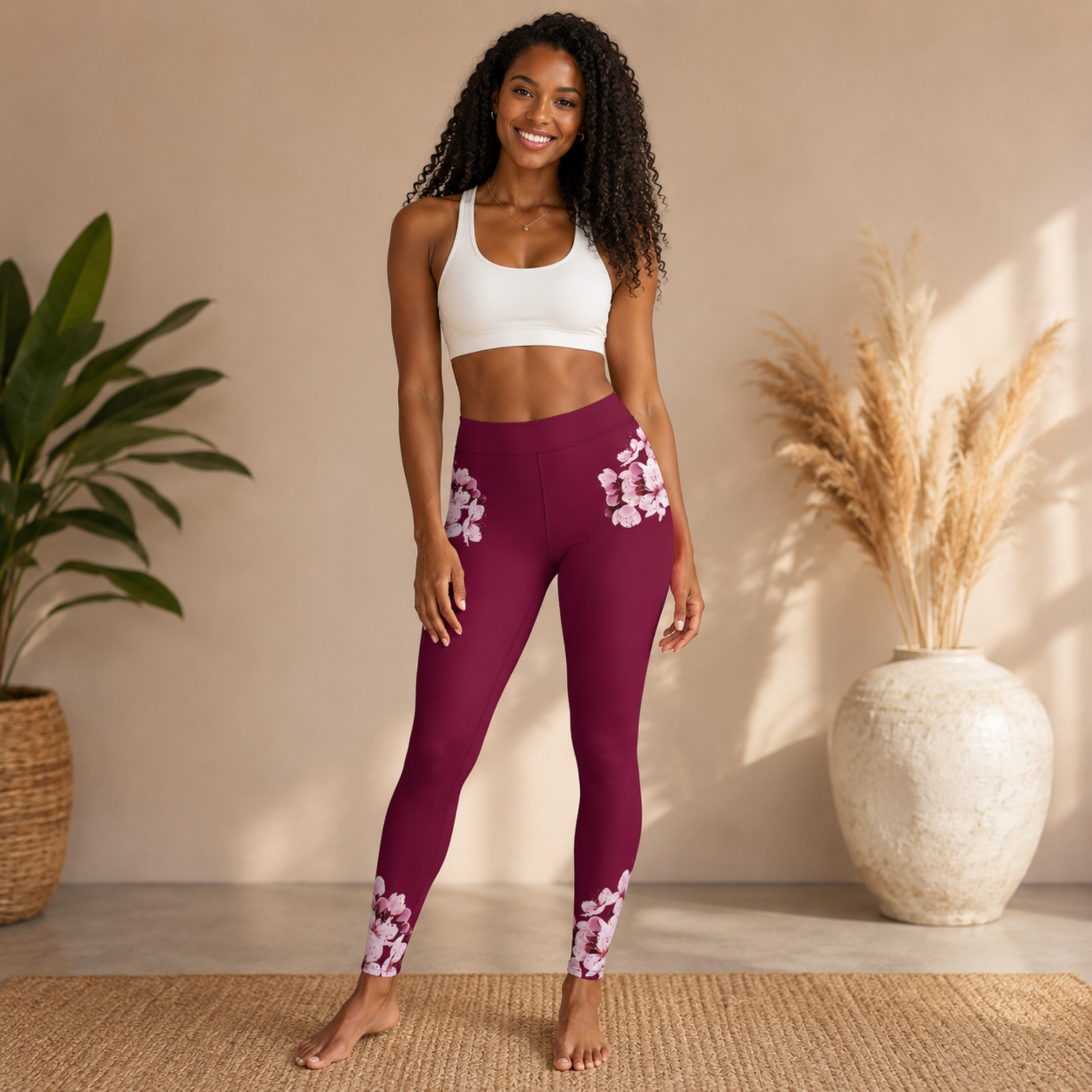 Front view of a woman wearing TRP Sakura Symphony floral print skinny leggings in burgundy with white sports bra.