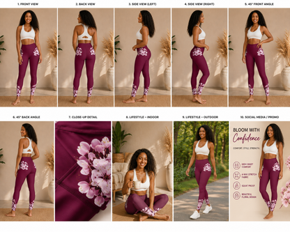 Infographic displaying ten different views, lifestyle shots, and features of the TRP Sakura Symphony skinny leggings.