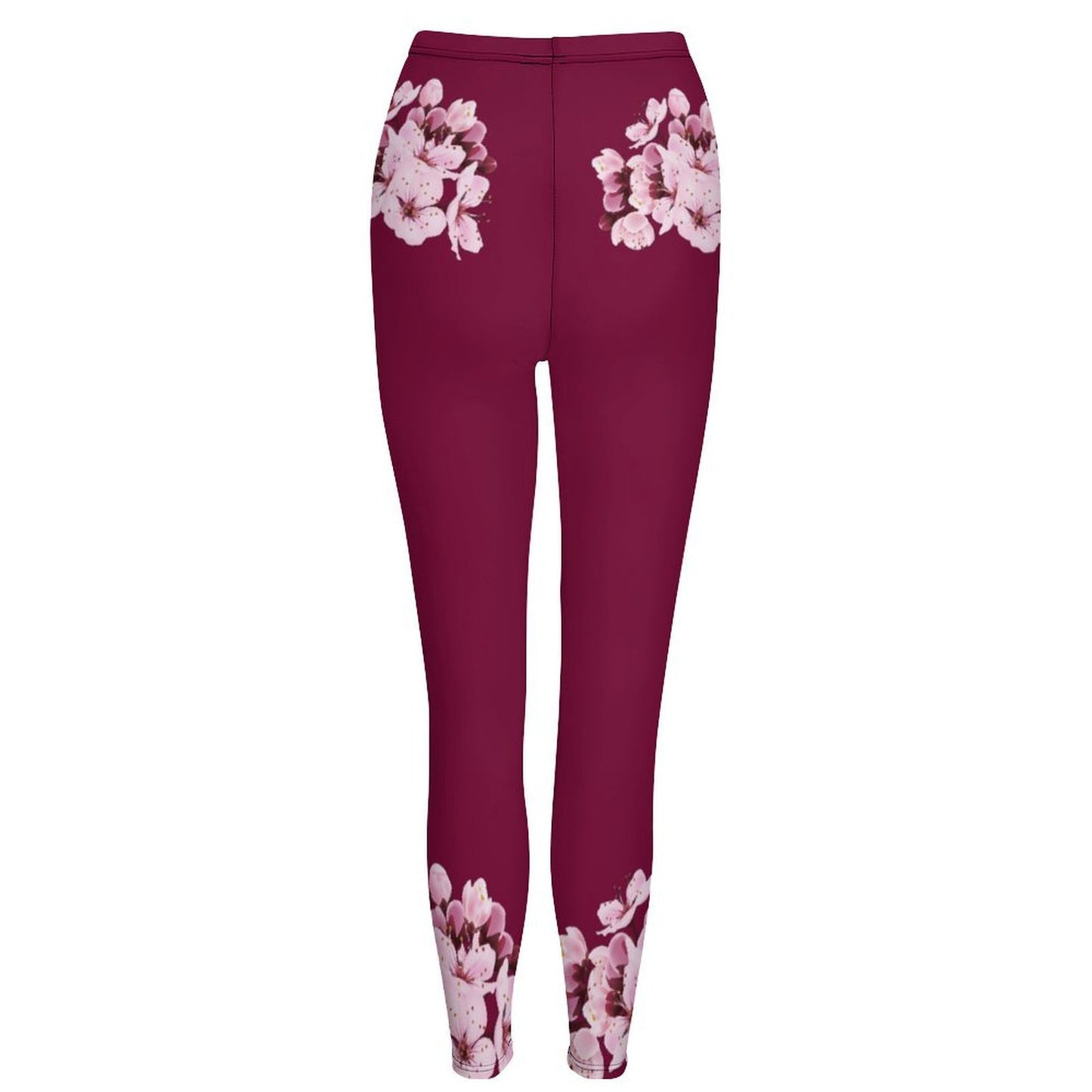 Studio product shot of the back of the TRP Sakura Symphony burgundy skinny leggings showing rear floral placement.