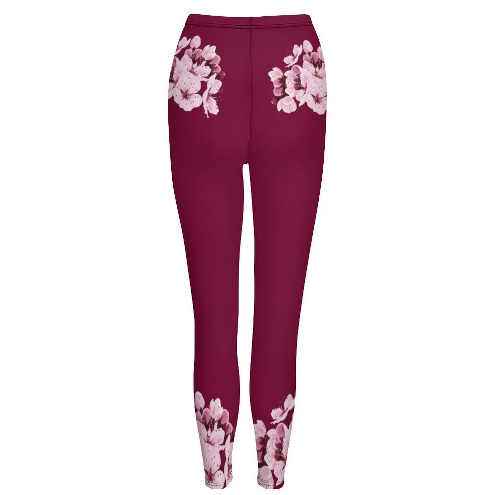 Studio product shot of the back of the TRP Sakura Symphony burgundy skinny leggings showing rear floral placement.