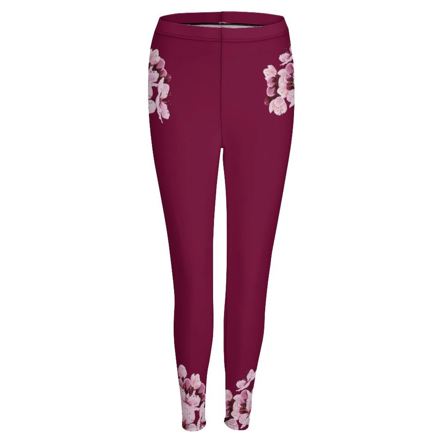 Studio product shot of the front of the TRP Sakura Symphony burgundy skinny leggings with cherry blossom prints.