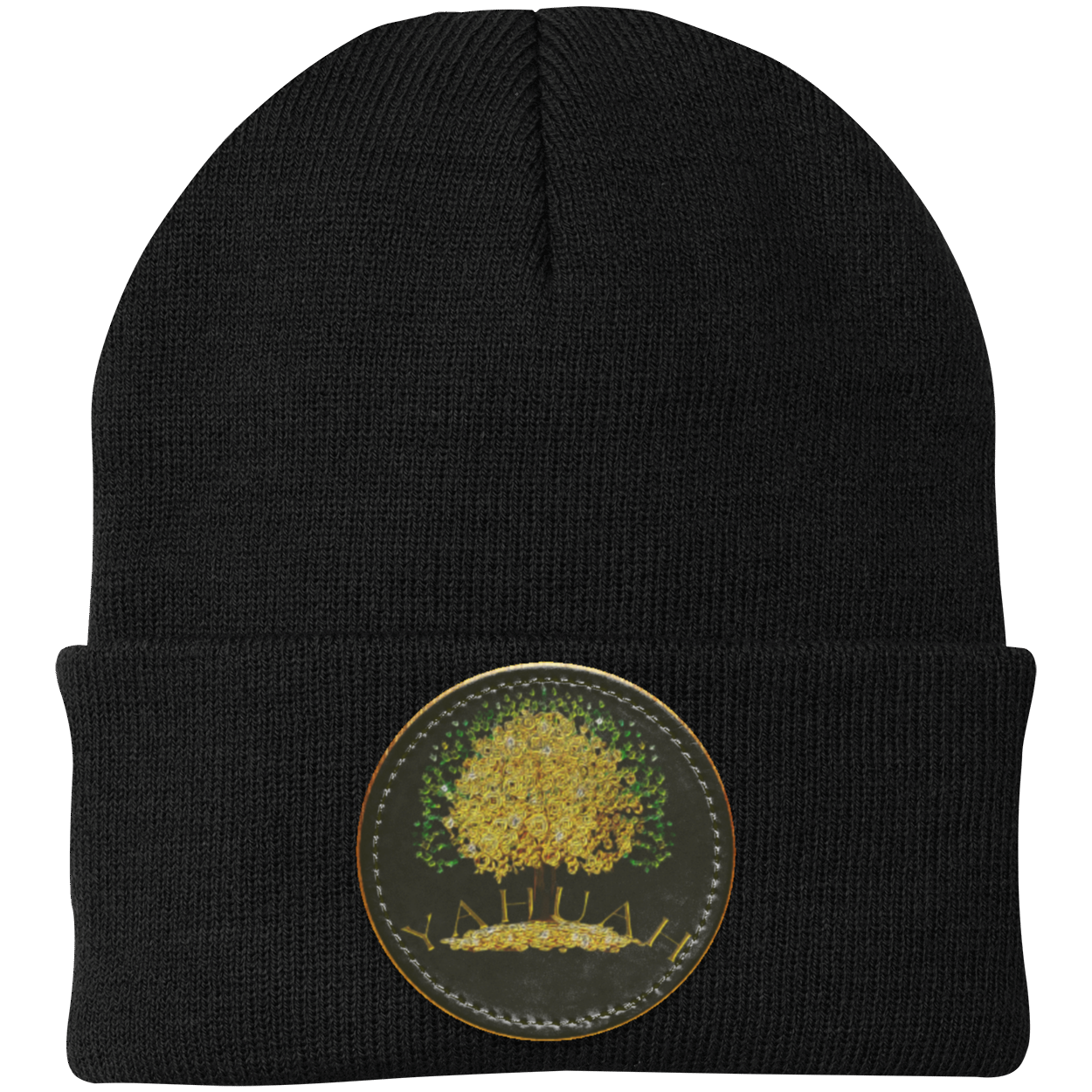 Black knit beanie with a leather patch featuring the gold Yahuah Tree of Life (03) design