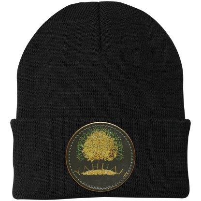 Black knit beanie with a leather patch featuring the gold Yahuah Tree of Life (03) design