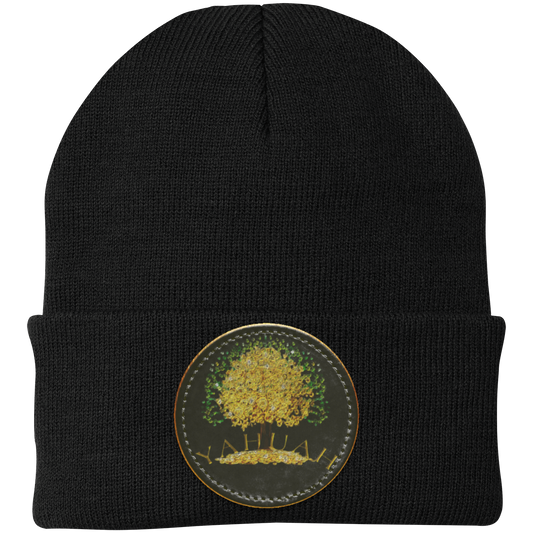 Black knit beanie with a leather patch featuring the gold Yahuah Tree of Life (03) design