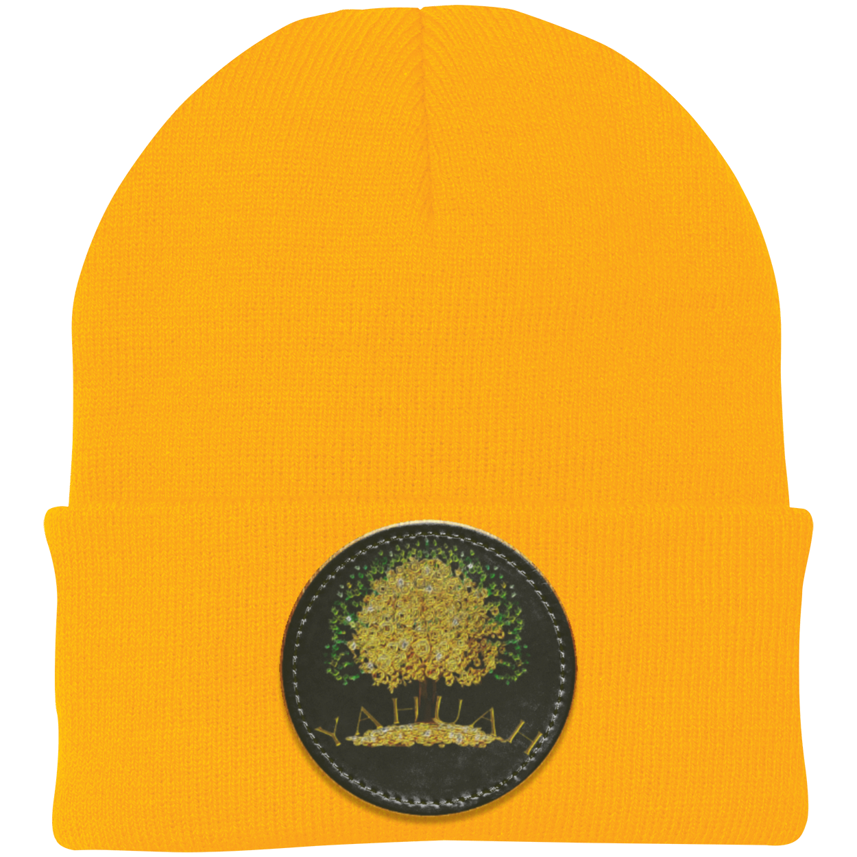 Gold knit beanie with a leather patch featuring the gold Yahuah Tree of Life (03) design