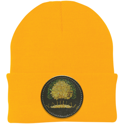 Gold knit beanie with a leather patch featuring the gold Yahuah Tree of Life (03) design