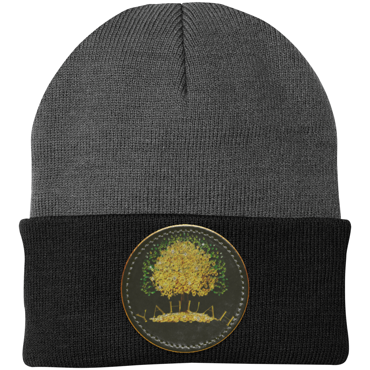 Gray+Black knit beanie with a leather patch featuring the gold Yahuah Tree of Life (03) design