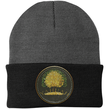 Gray+Black knit beanie with a leather patch featuring the gold Yahuah Tree of Life (03) design