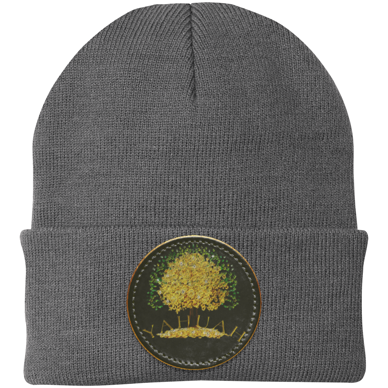 Gray knit beanie with a leather patch featuring the gold Yahuah Tree of Life (03) design