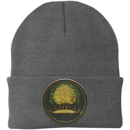 Gray knit beanie with a leather patch featuring the gold Yahuah Tree of Life (03) design