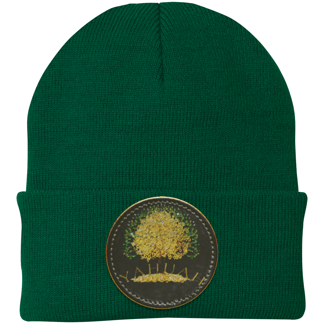 Green knit beanie with a leather patch featuring the gold Yahuah Tree of Life (03) design