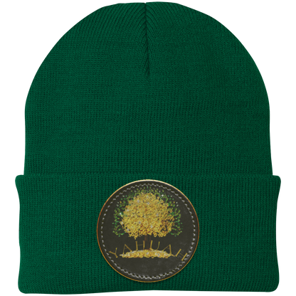 Green knit beanie with a leather patch featuring the gold Yahuah Tree of Life (03) design