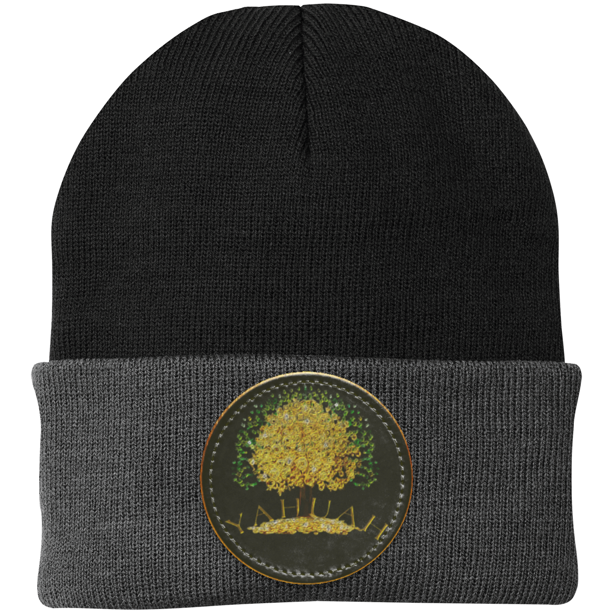 Black+Gray knit beanie with a leather patch featuring the gold Yahuah Tree of Life (03) design