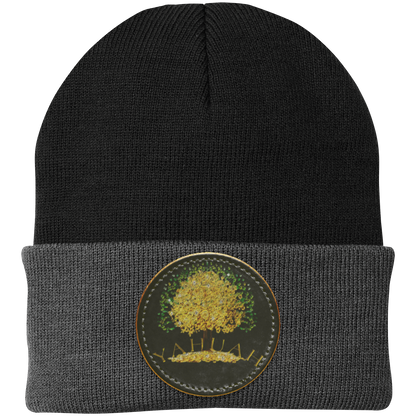 Black+Gray knit beanie with a leather patch featuring the gold Yahuah Tree of Life (03) design