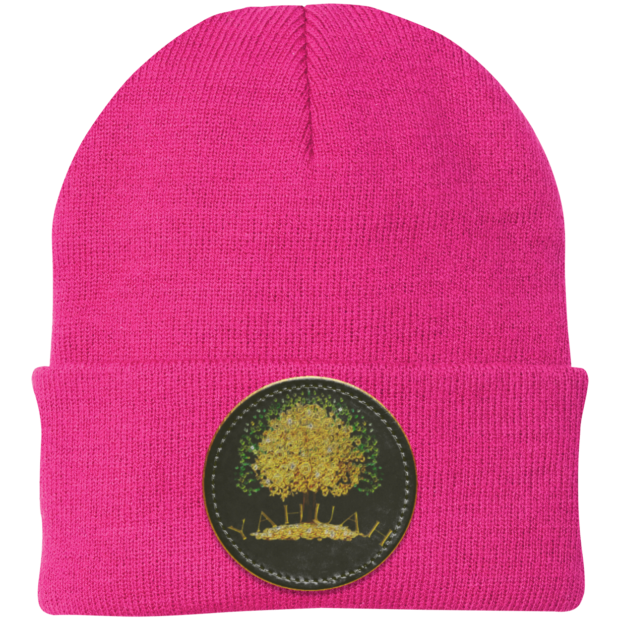 Hot Pink knit beanie with a leather patch featuring the gold Yahuah Tree of Life (03) design
