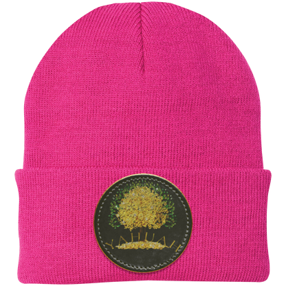 Hot Pink knit beanie with a leather patch featuring the gold Yahuah Tree of Life (03) design